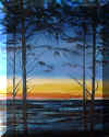sunset1 - SOLD - tall dark pines against the dusky sky, their trunks black against a sea of azure, gold and dark green
